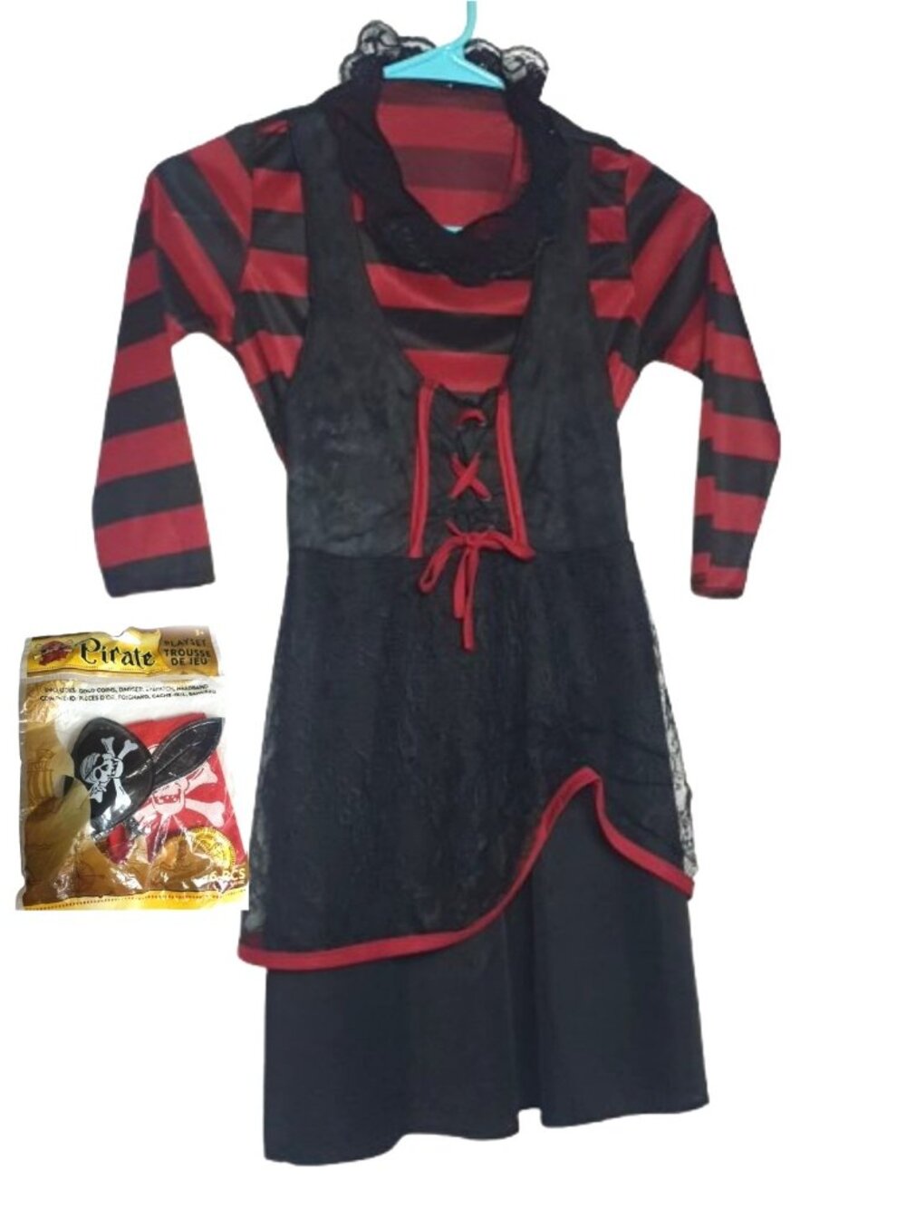 Girls M Pirate Costume Halloween Red Black Striped with Accessories